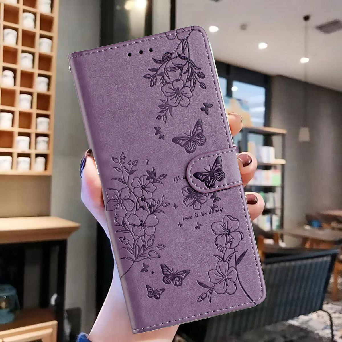 Compatible with iPhone 18 Pro Butterflies and Flowers Leather Phone Case - Purple