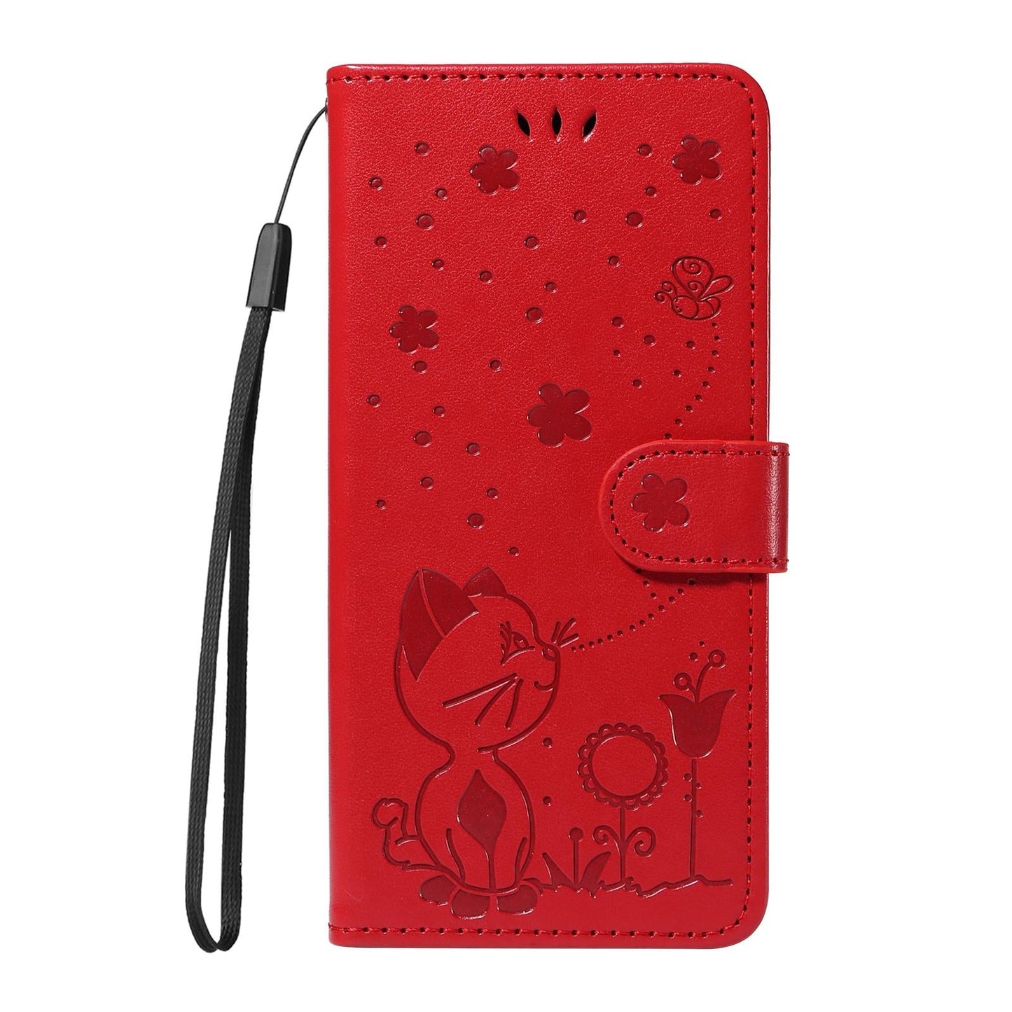 For vivo V50 5G Global Cat and Bee Embossed Flip Leather Phone Case(Red)