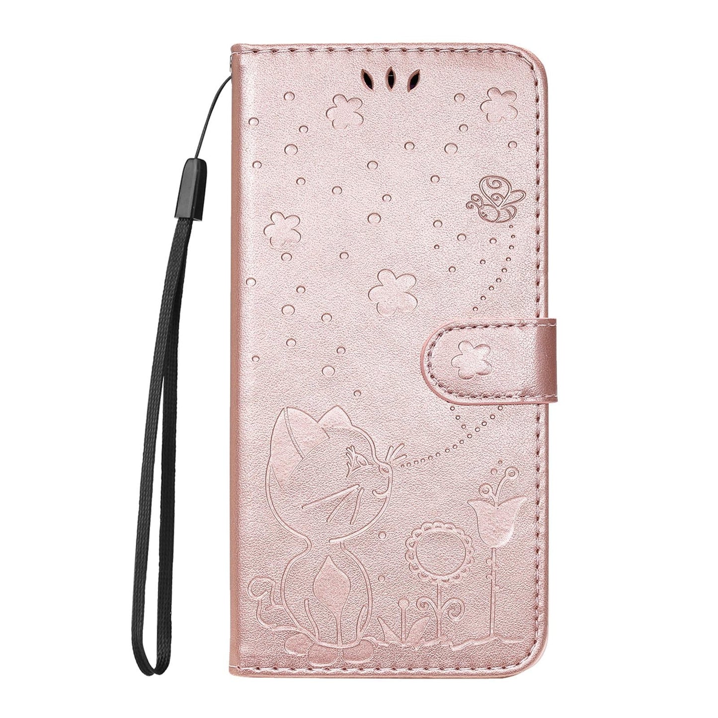 For vivo V50 5G Global Cat and Bee Embossed Flip Leather Phone Case(Rose Gold)