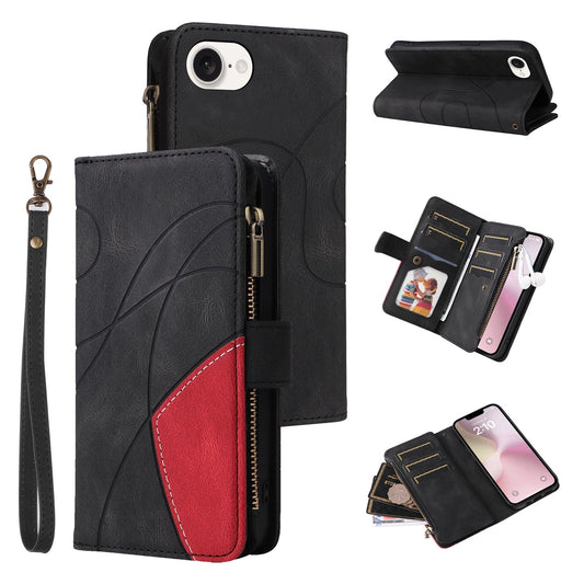 For iPhone 16e Dual-color 9 Card Slots Zipper Wallet Leather Phone Case(Black)