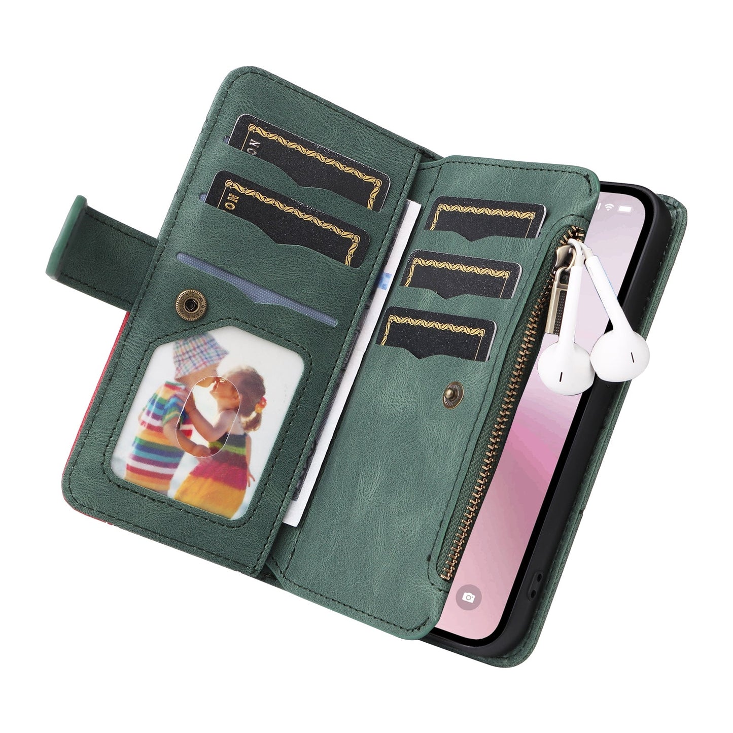 For iPhone 16e Dual-color 9 Card Slots Zipper Wallet Leather Phone Case(Green)