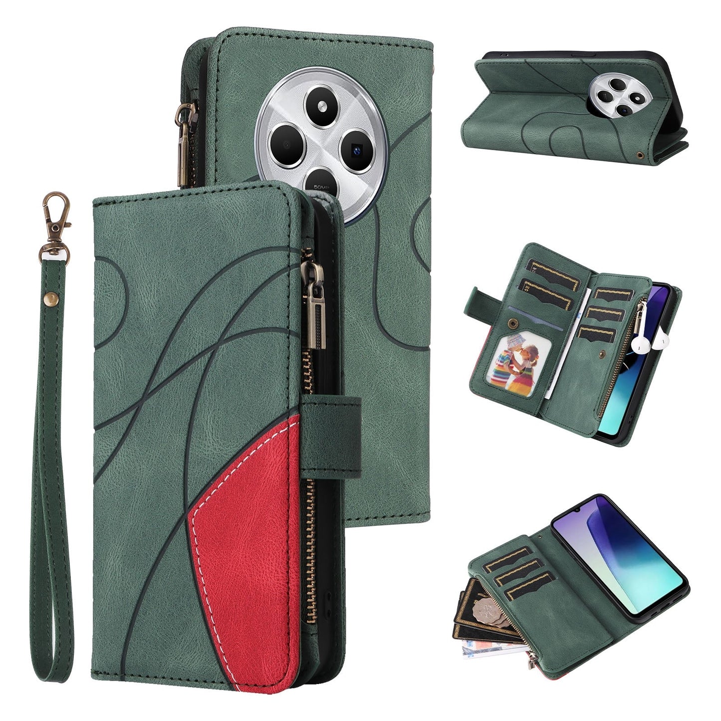 For Redmi 14C 4G Global Dual-color 9 Card Slots Zipper Wallet Leather Phone Case(Green)