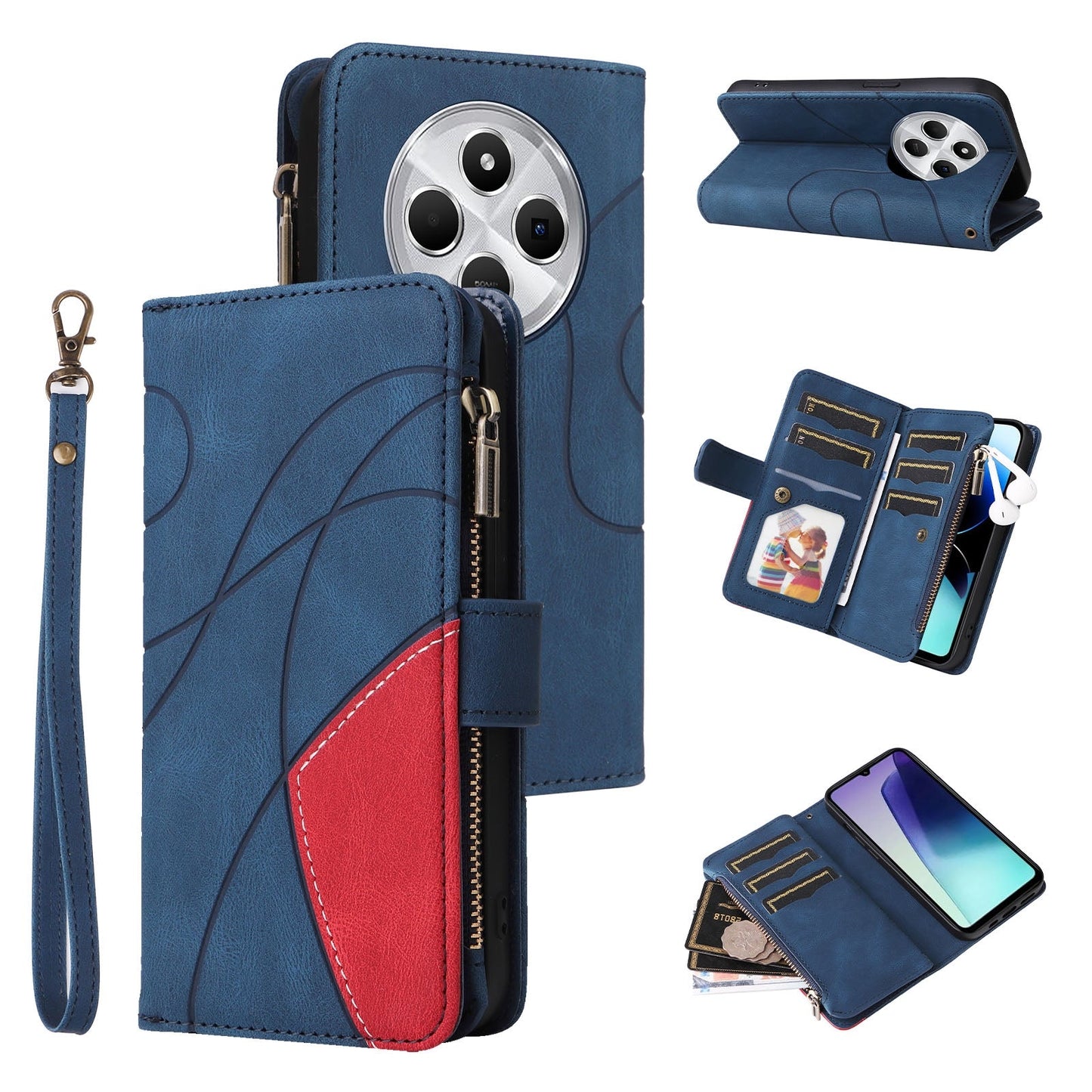 For Redmi 14C 4G Global Dual-color 9 Card Slots Zipper Wallet Leather Phone Case(Blue)