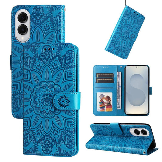 For Samsung Galaxy S25 Edge 5G Embossed Sunflower Leather Phone Case(Blue)