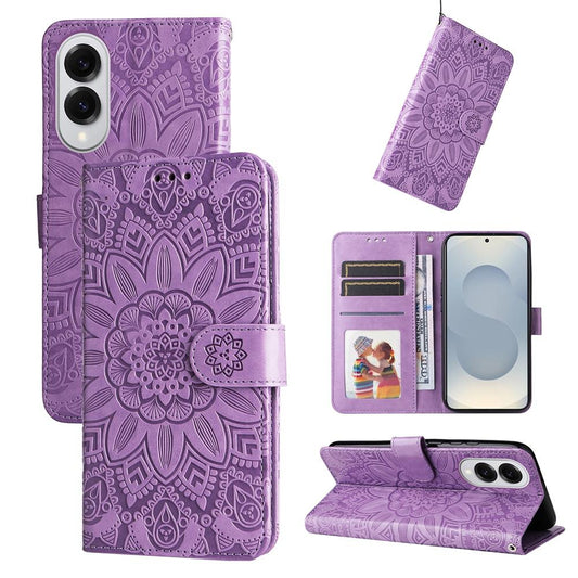 For Samsung Galaxy S25 Edge 5G Embossed Sunflower Leather Phone Case(Purple)