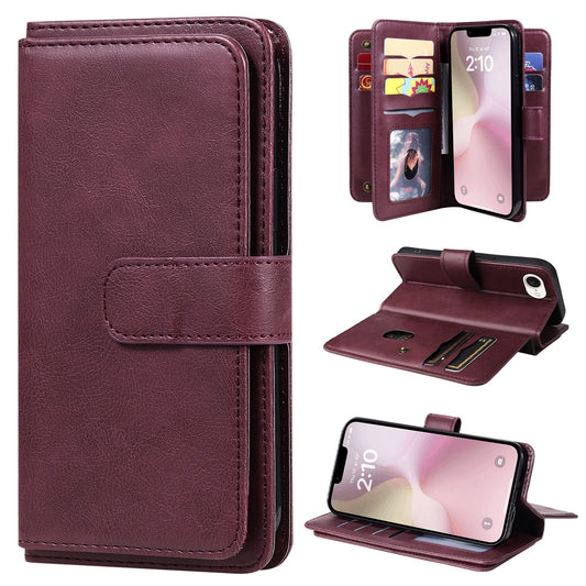 For iPhone 16e Multi-Function Wallet 10 Card Slots Leather Phone Case(Claret)