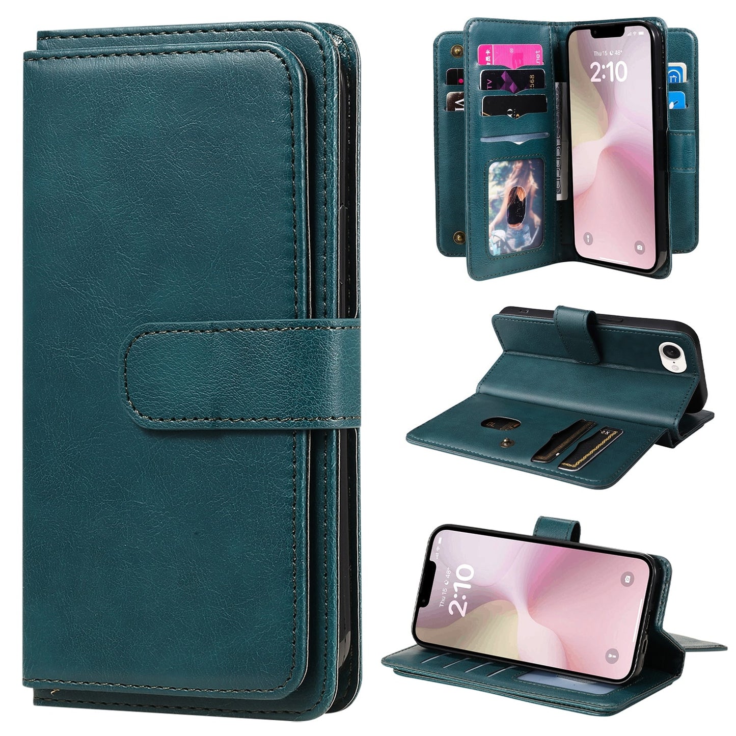 For iPhone 16e Multi-Function Wallet 10 Card Slots Leather Phone Case(Dark Green)