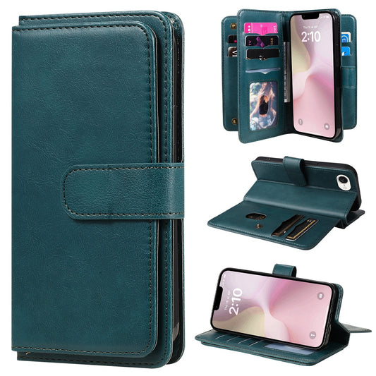 For iPhone 16e Multi-Function Wallet 10 Card Slots Leather Phone Case(Dark Green)