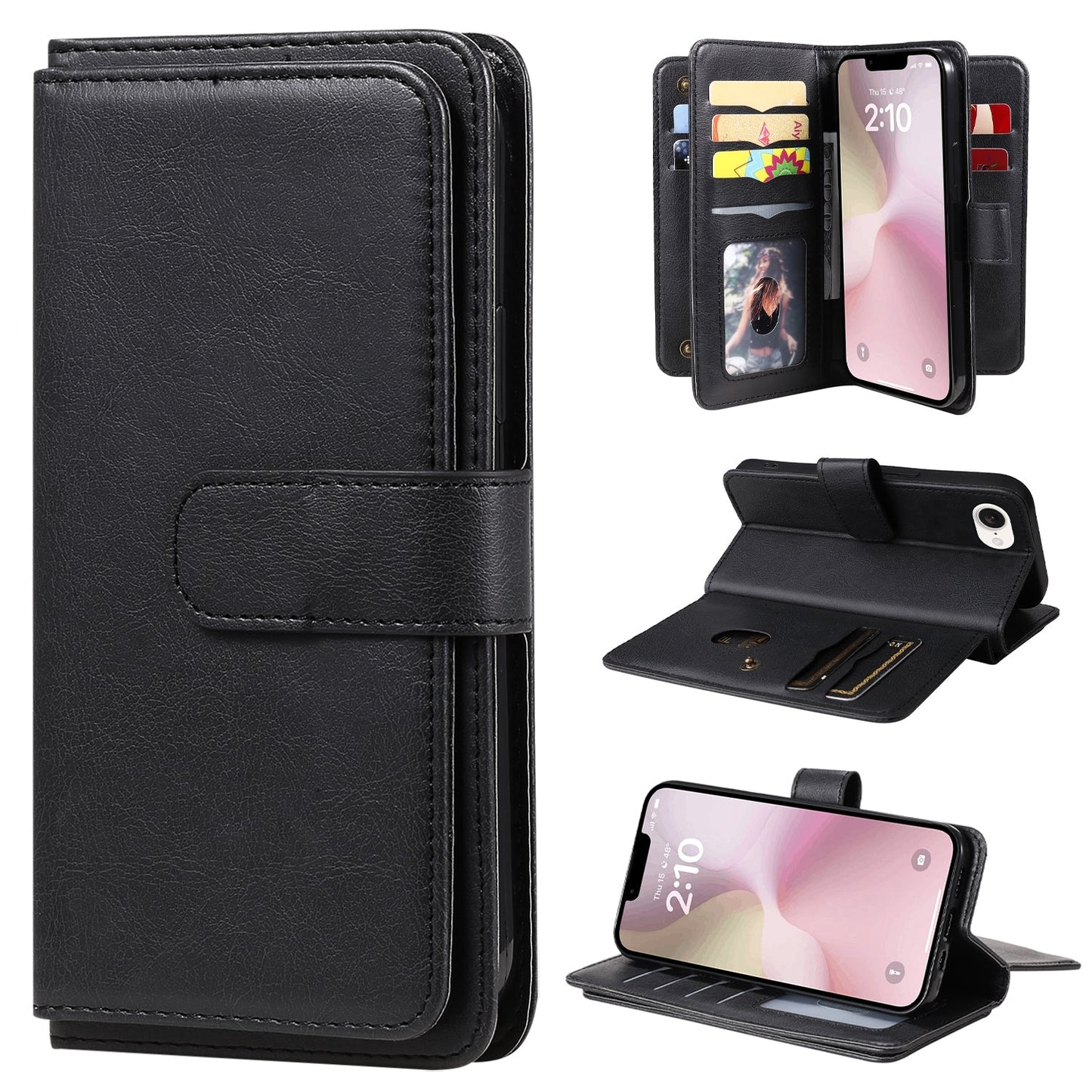 For iPhone 16e Multi-Function Wallet 10 Card Slots Leather Phone Case(Black)