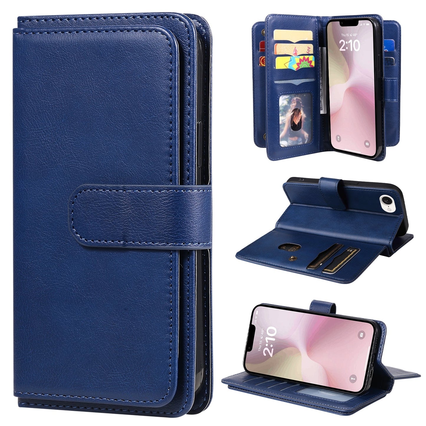 For iPhone 16e Multi-Function Wallet 10 Card Slots Leather Phone Case(Dark Blue)