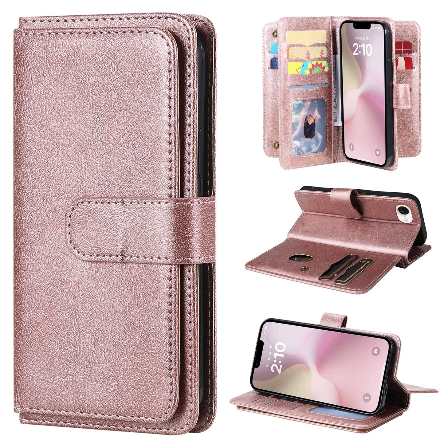 For iPhone 16e Multi-Function Wallet 10 Card Slots Leather Phone Case(Rose Gold)
