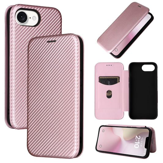 For iPhone 16e Carbon Fiber Texture Flip Leather Phone Case(Pink)