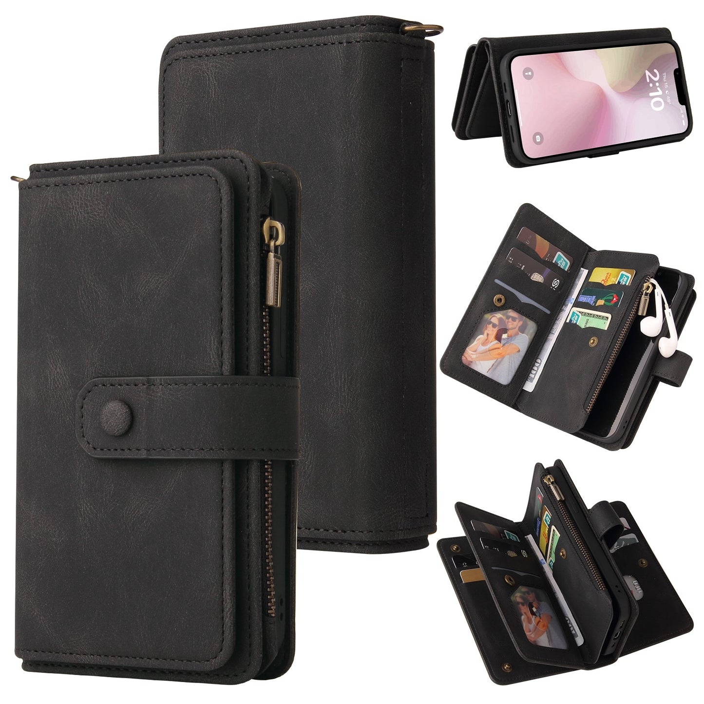 For iPhone 16e Skin Feel Multi Card Slots Zipper Wallet Leather Phone Case(Black)