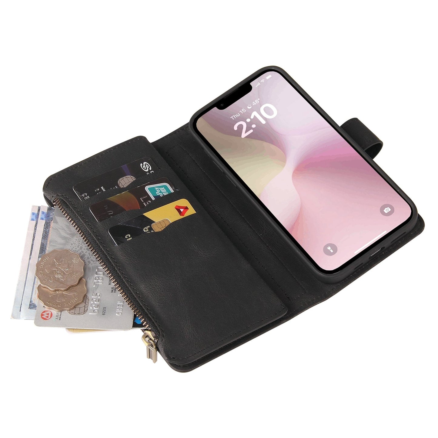 For iPhone 16e Skin Feel Multi Card Slots Zipper Wallet Leather Phone Case(Black)