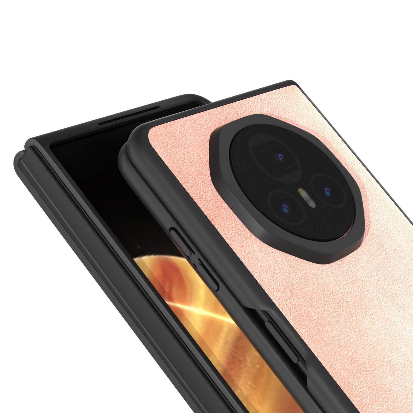 For Honor Magic V3 Black Frame Two-color Calf Texture PU Phone Case(Pink)