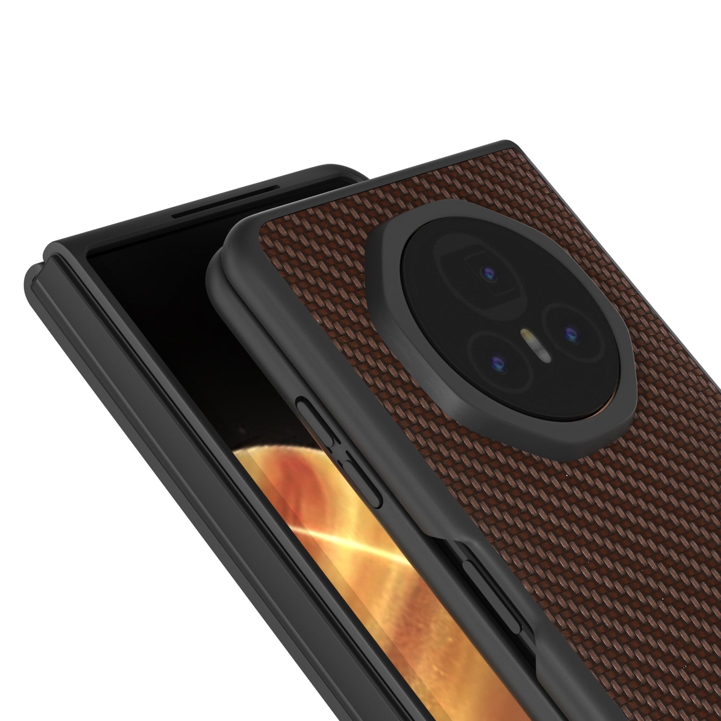 For Honor Magic V3 Black Frame Carbon Fiber Texture PU Phone Case(Coffee)