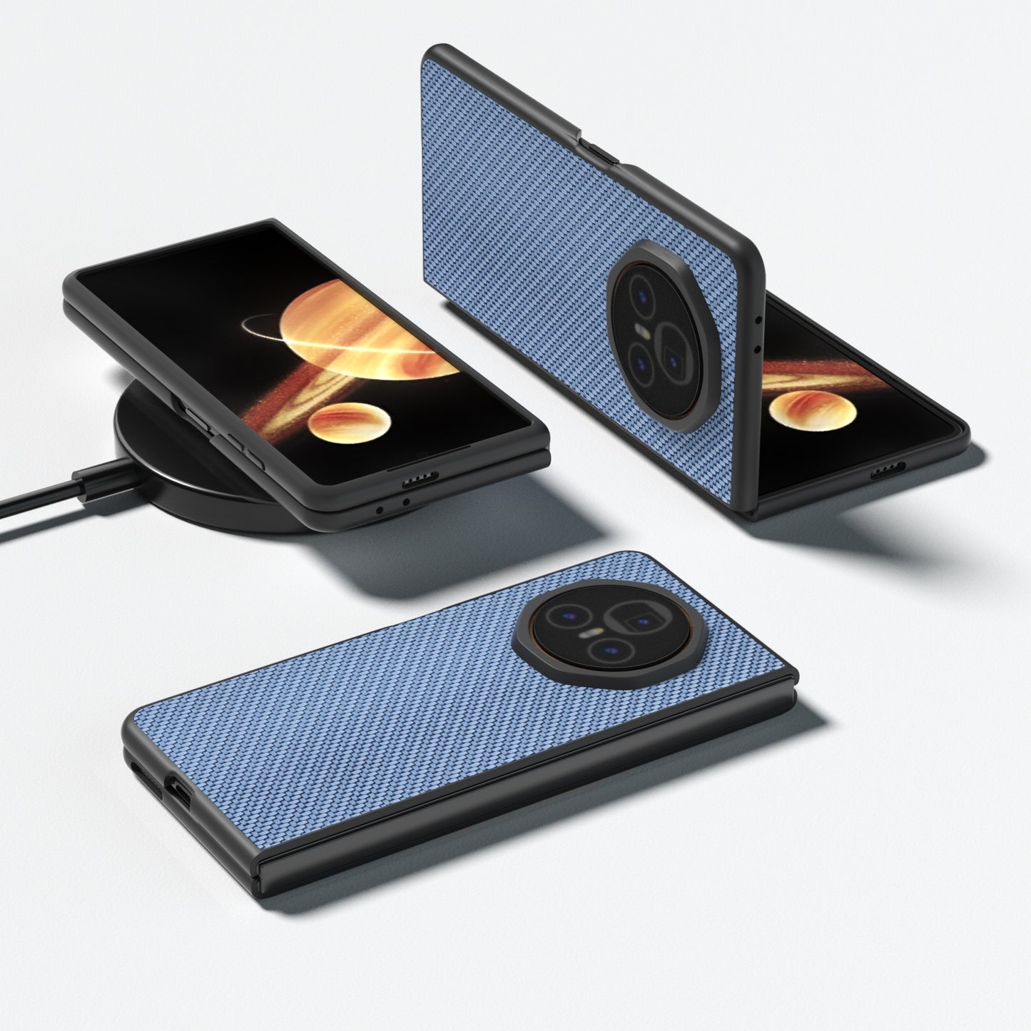 For Honor Magic V3 Black Frame Carbon Fiber Texture PU Phone Case(Sky Blue)