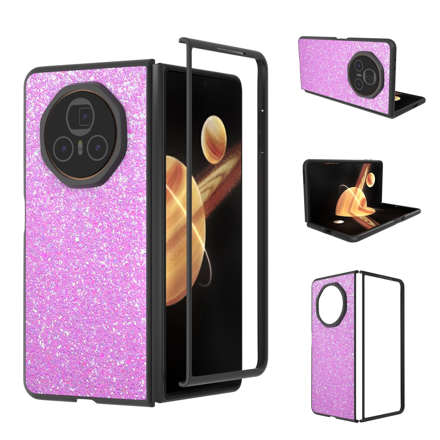 For Honor Magic V3 Black Frame Colorful Glitter Phone Case(Dark Pink)