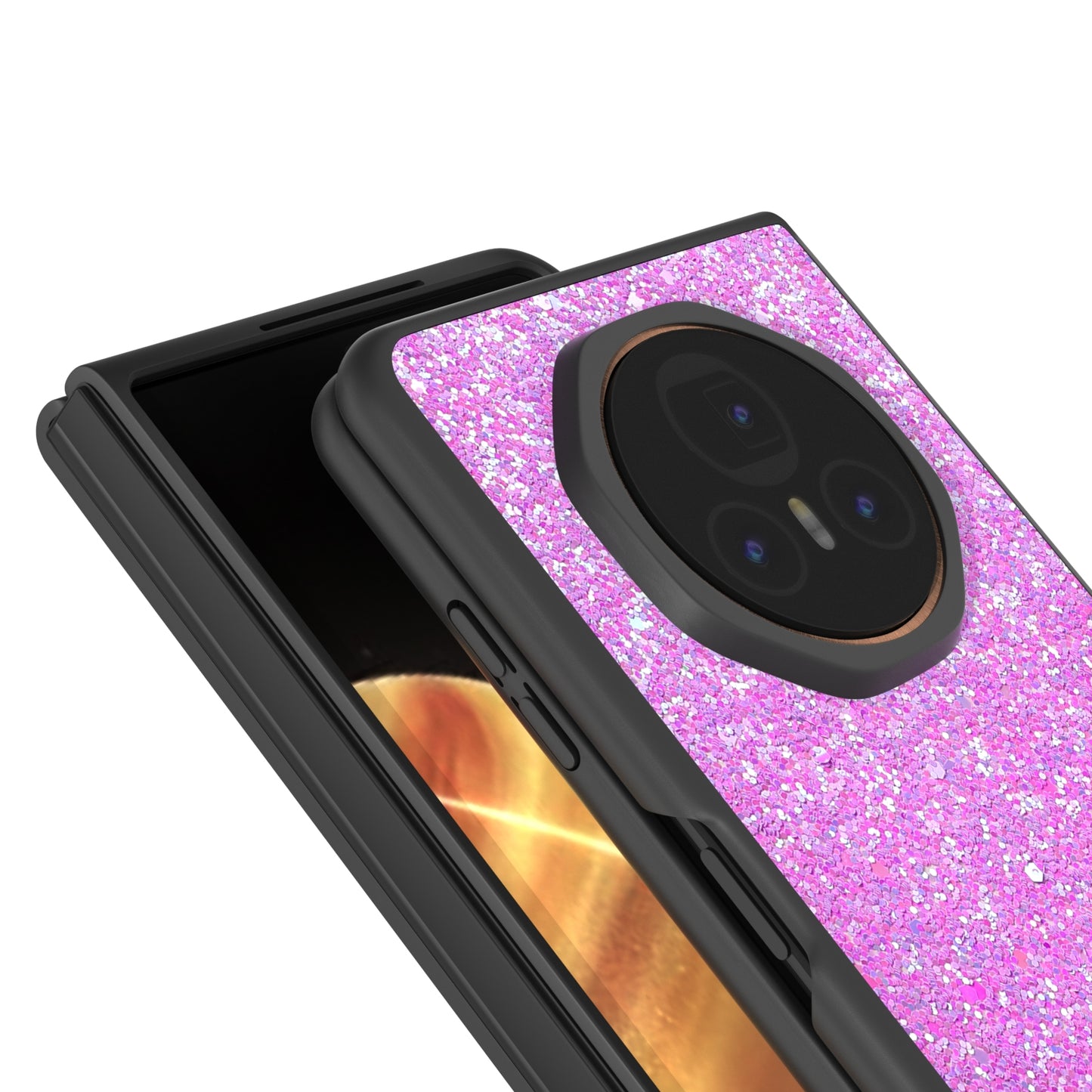 For Honor Magic V3 Black Frame Colorful Glitter Phone Case(Dark Pink)