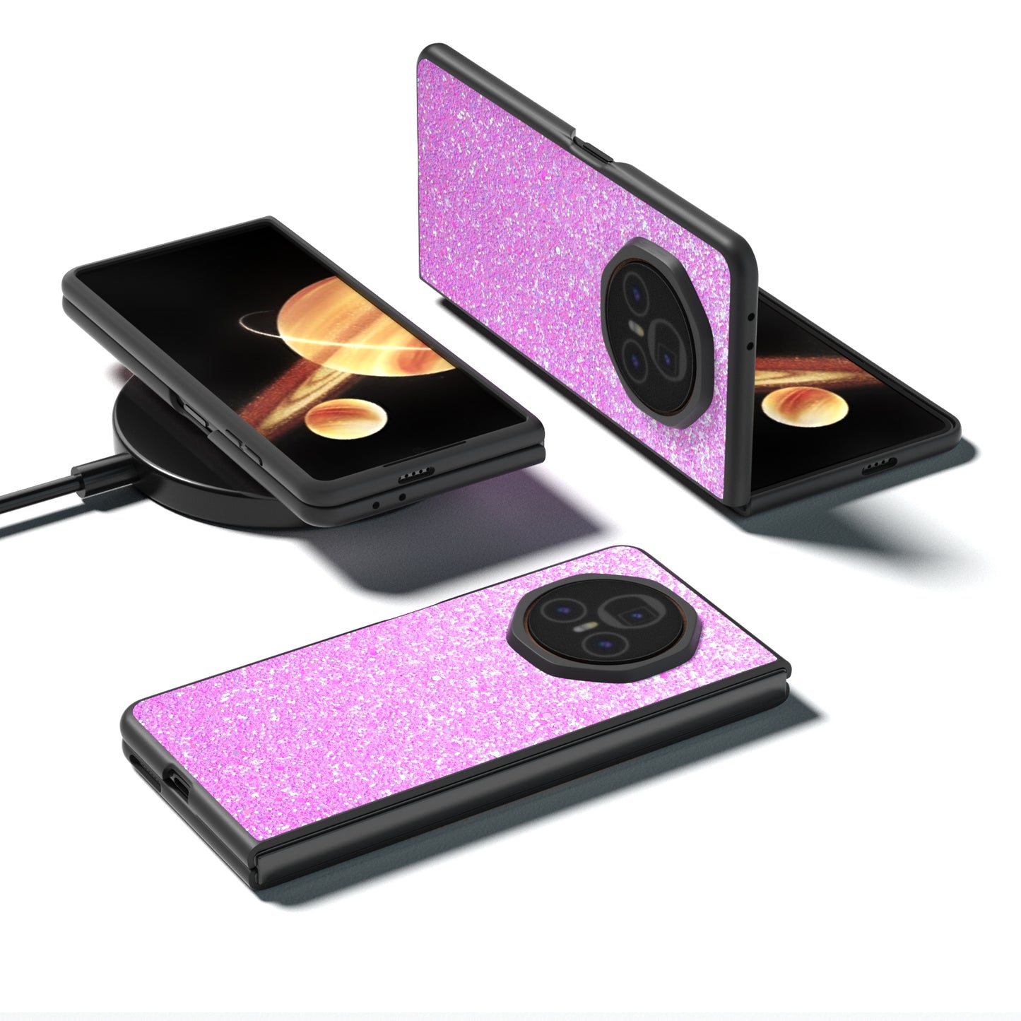 For Honor Magic V3 Black Frame Colorful Glitter Phone Case(Dark Pink)