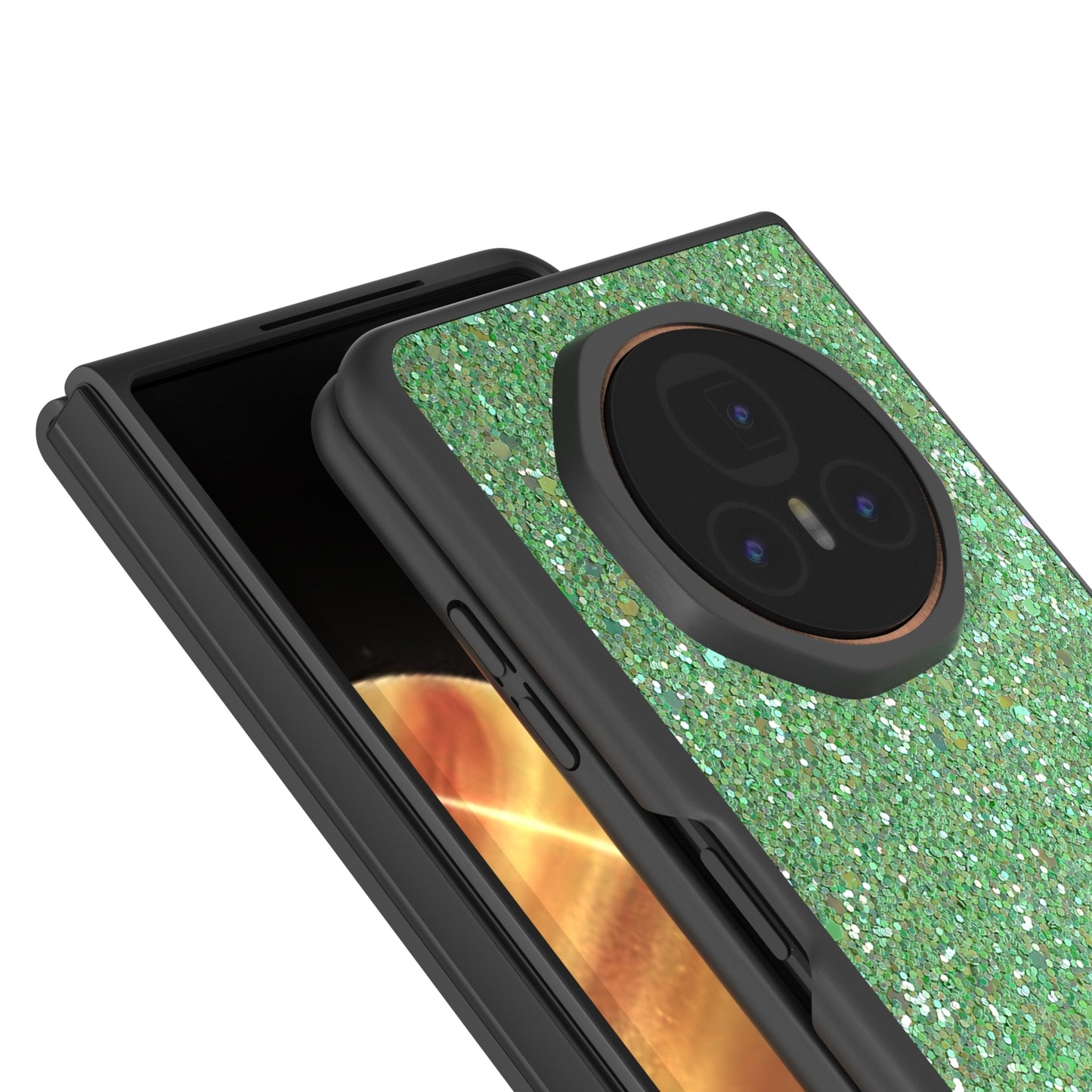 For Honor Magic V3 Black Frame Colorful Glitter Phone Case(Dark Green)