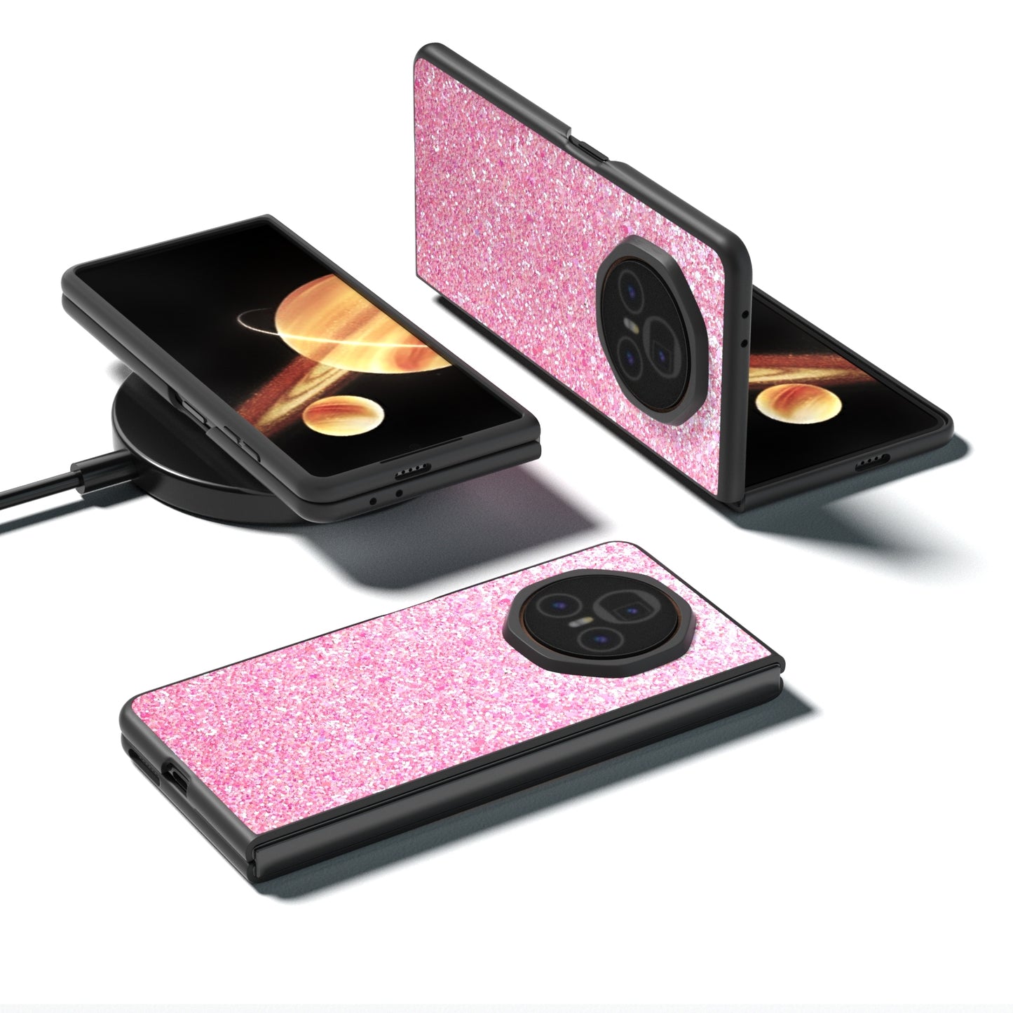 For Honor Magic V3 Black Frame Colorful Glitter Phone Case(Purple Pink)