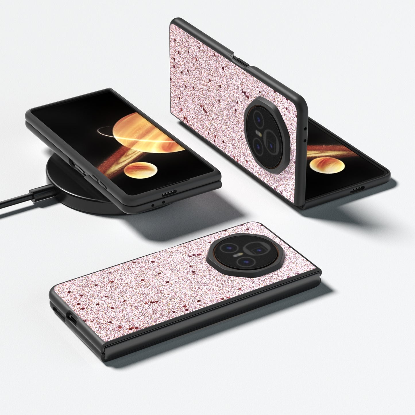 For Honor Magic V3 Black Frame Glitter Shockproof Phone Case(Gold Pink)