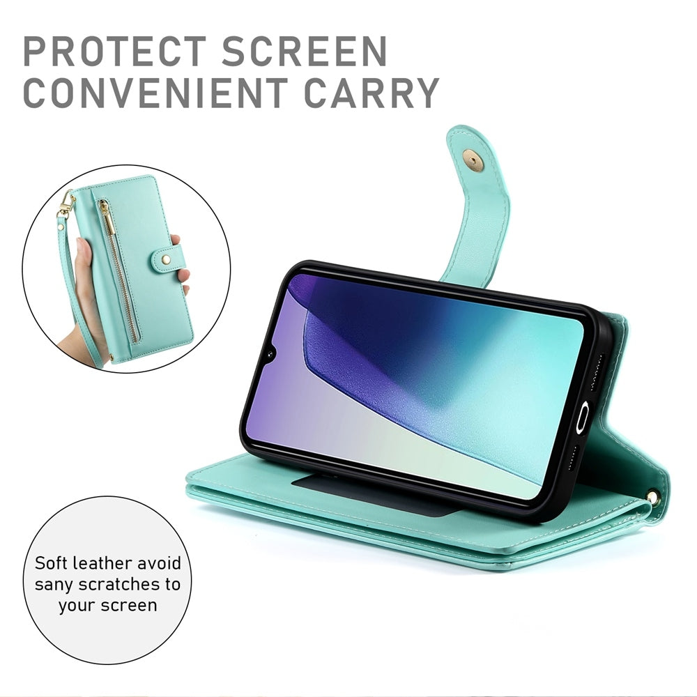 For Redmi 14C 4G Nine Card-slot Zipper Wallet Bag Leather Phone Case(Mint Green)