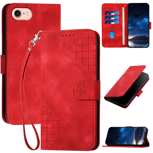 For iPhone 16e YX0080 Grid Butterfly Embossed Pattern Flip Leather Phone Case with Lanyard(Red)