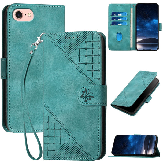 For iPhone 16e YX0080 Grid Butterfly Embossed Pattern Flip Leather Phone Case with Lanyard(Light Blue)