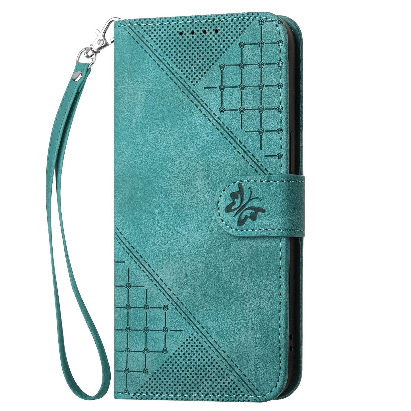 For iPhone 16e YX0080 Grid Butterfly Embossed Pattern Flip Leather Phone Case with Lanyard(Light Blue)