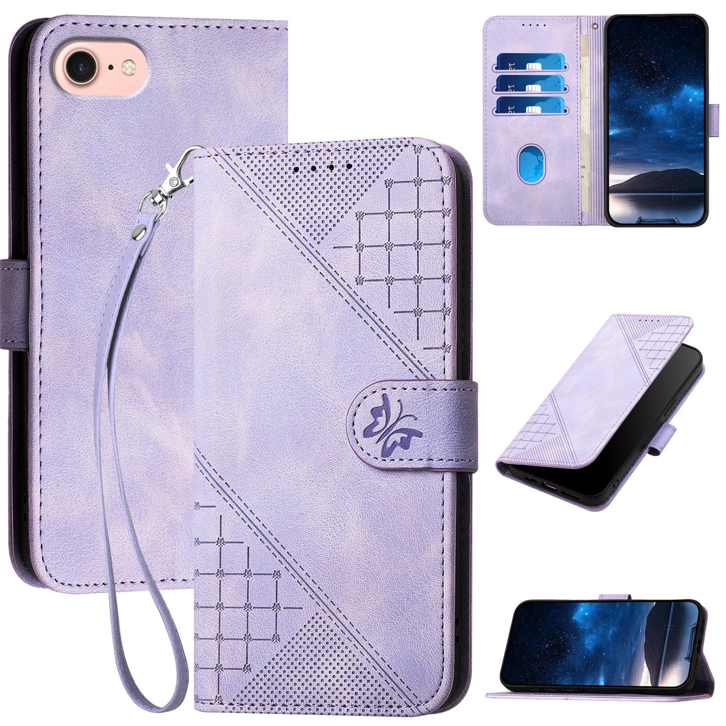 For iPhone 16e YX0080 Grid Butterfly Embossed Pattern Flip Leather Phone Case with Lanyard(Light Purple)