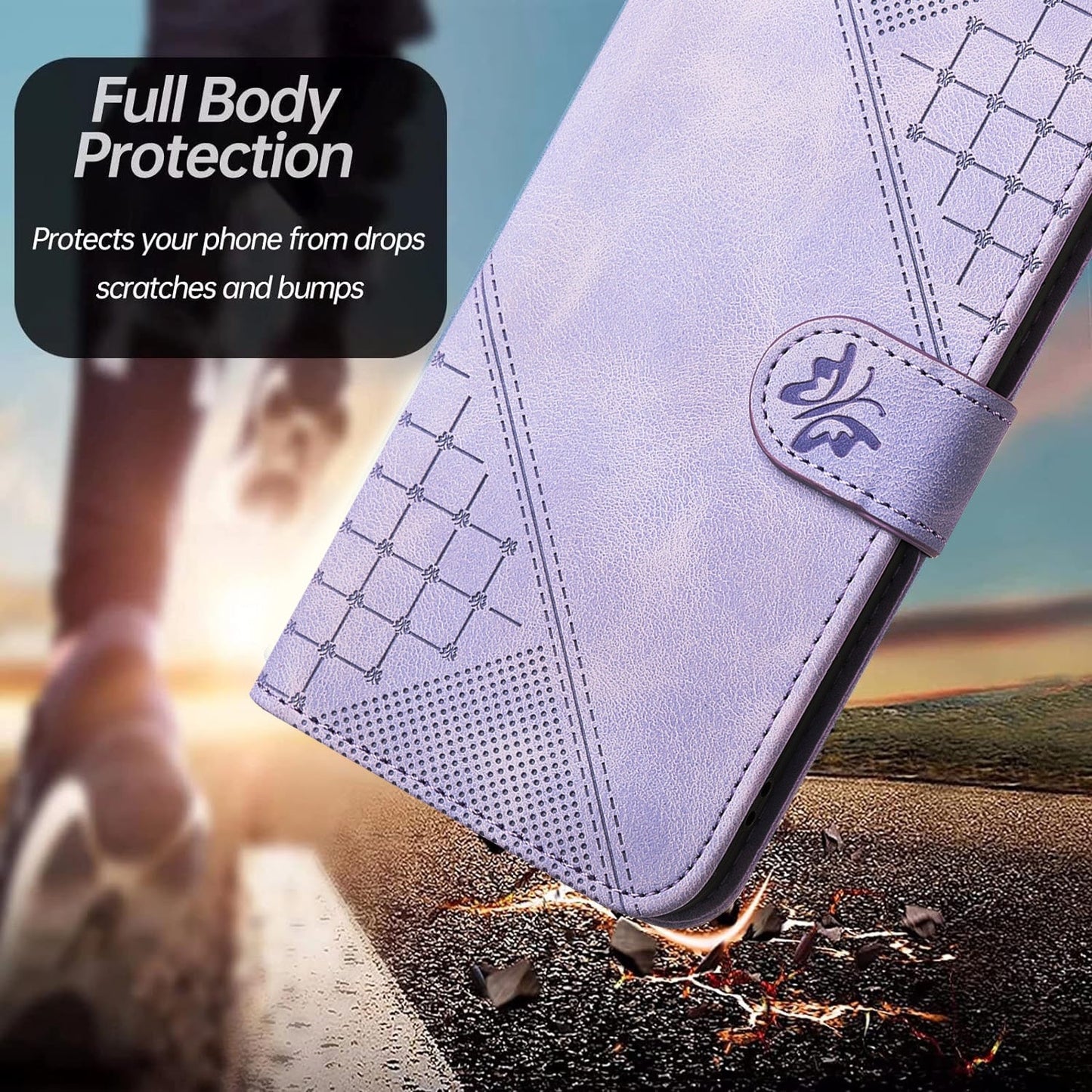For iPhone 16e YX0080 Grid Butterfly Embossed Pattern Flip Leather Phone Case with Lanyard(Light Purple)