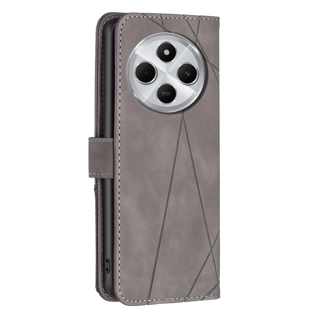 For Redmi 14C 4G Magnetic Buckle Rhombus Texture Leather Phone Case(Grey)