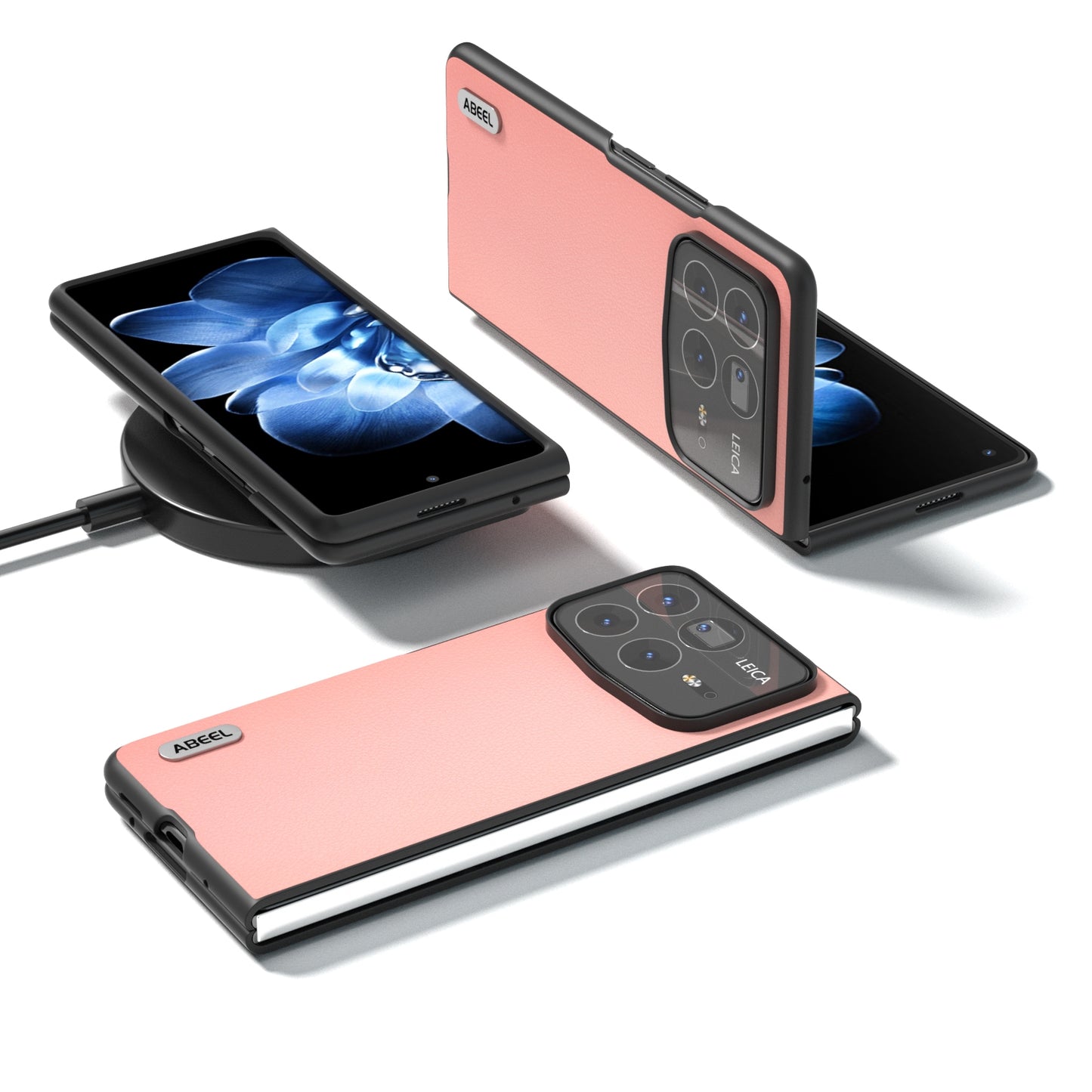 For Xiaomi Mix Fold 4 ABEEL Genuine Leather Wave Black Edge Phone Case(Pink)