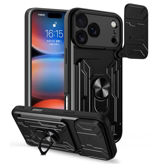 Compatible with iPhone 18 Pro Max Sliding Camshield TPU+PC Phone Case with Card Slot - Black