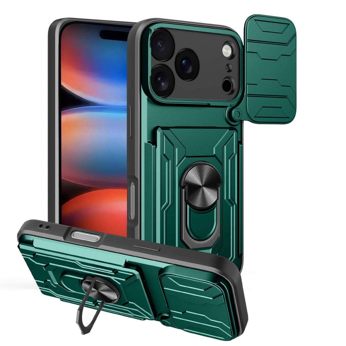 Compatible with iPhone 18 Pro Sliding Camshield TPU+PC Phone Case with Card Slot - Dark Green