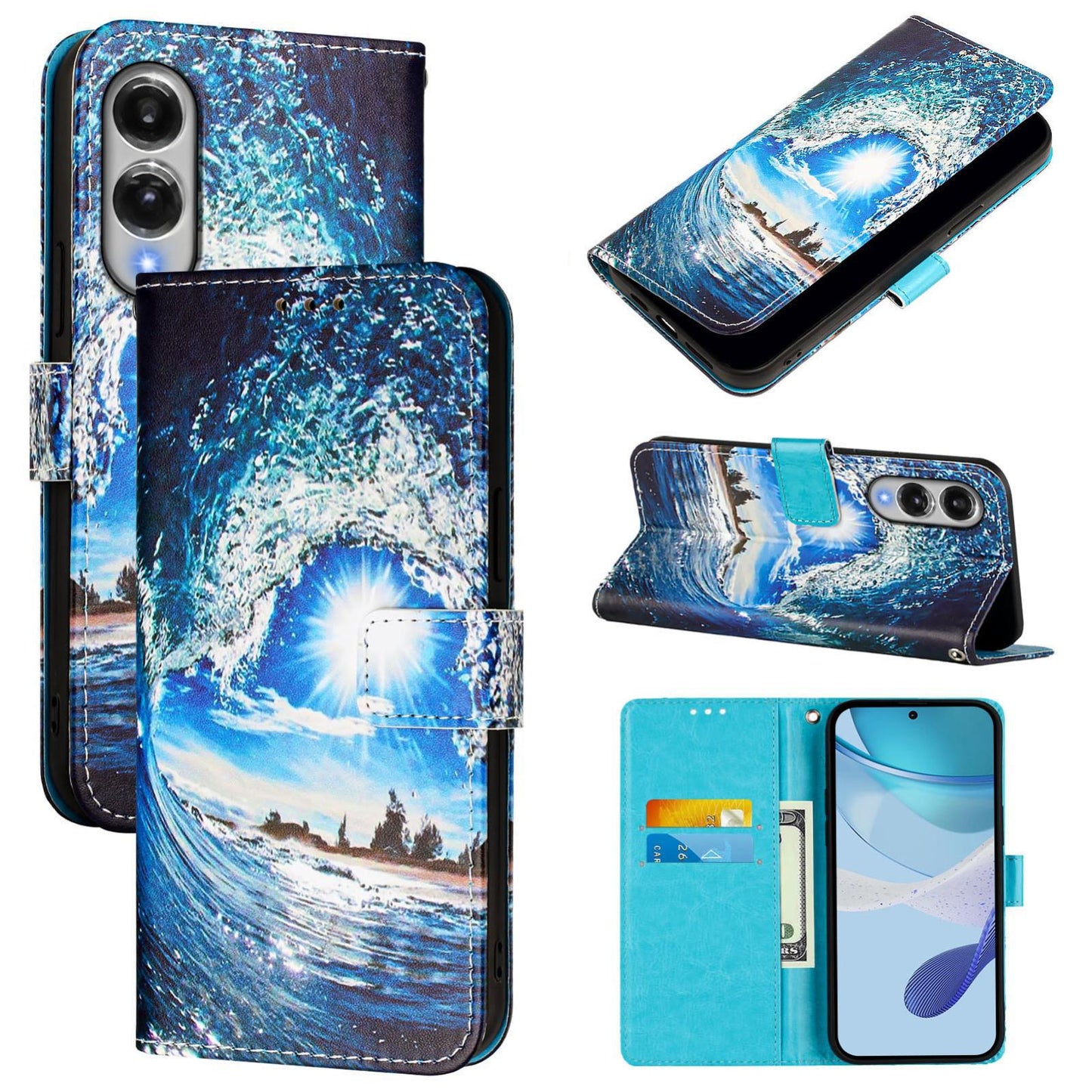 For Samsung Galaxy S25 Edge 5G Colored Drawing Pattern Plain Weave Leather Phone Case(Waves And Sun)