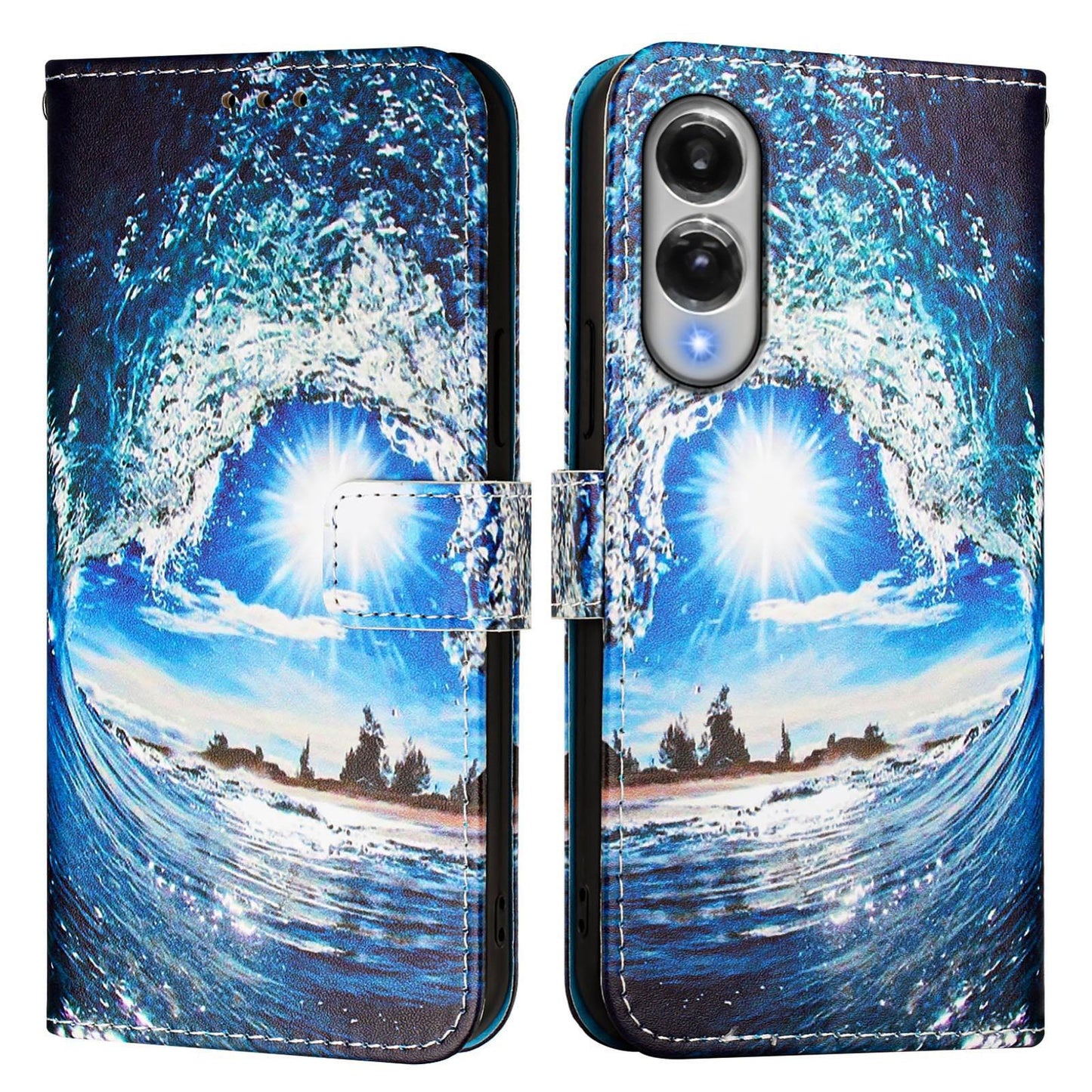 For Samsung Galaxy S25 Edge 5G Colored Drawing Pattern Plain Weave Leather Phone Case(Waves And Sun)