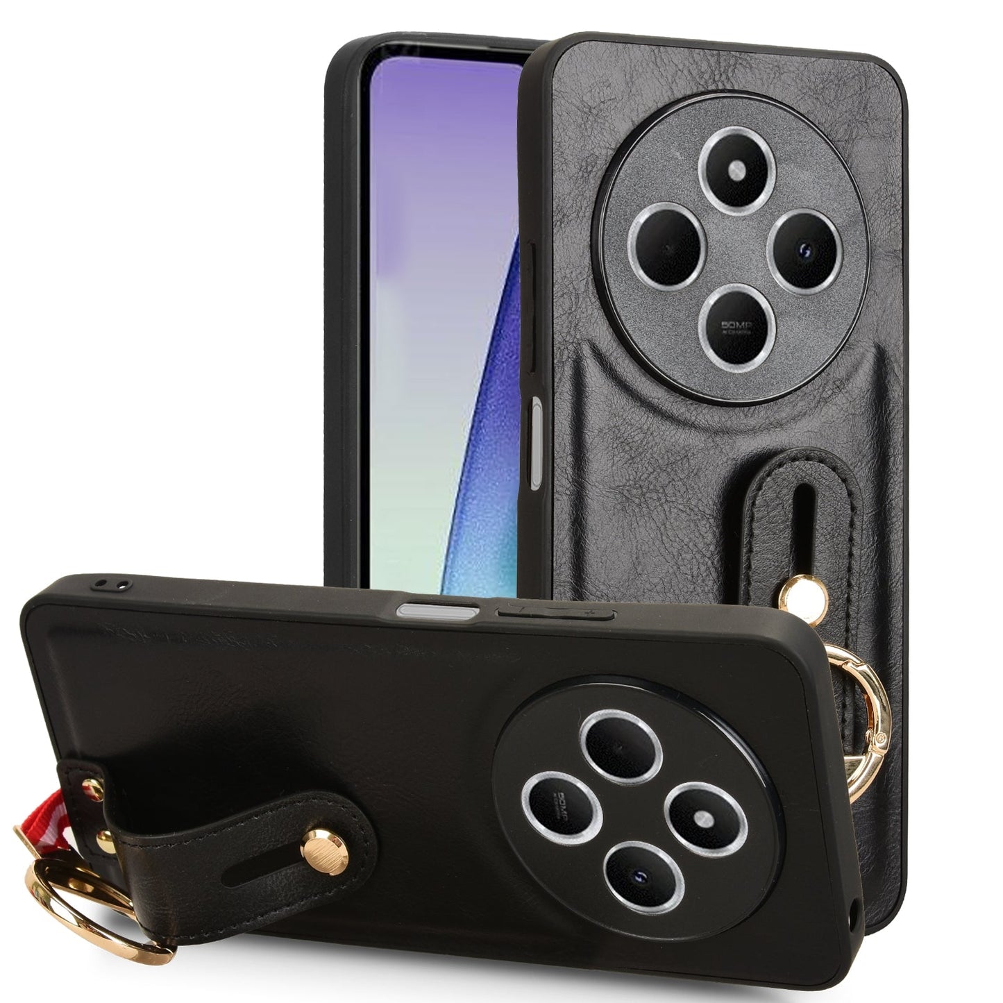 For Redmi 14C 4G Wristband Leather Back Phone Case(Black)