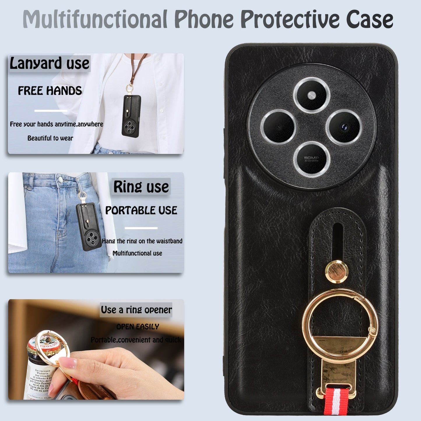 For Redmi 14C 4G Wristband Leather Back Phone Case(Black)