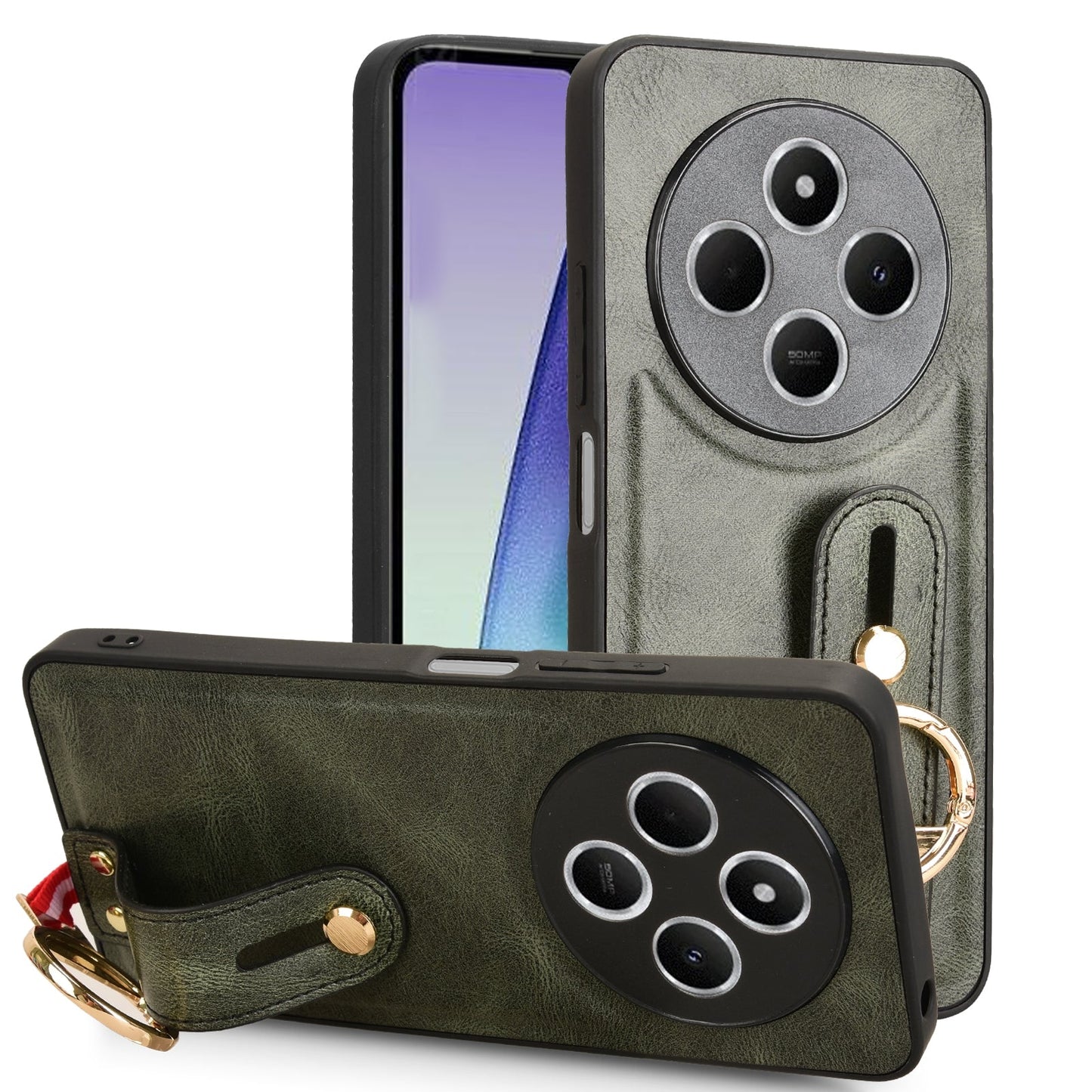 For Redmi 14C 4G Wristband Leather Back Phone Case(Green)