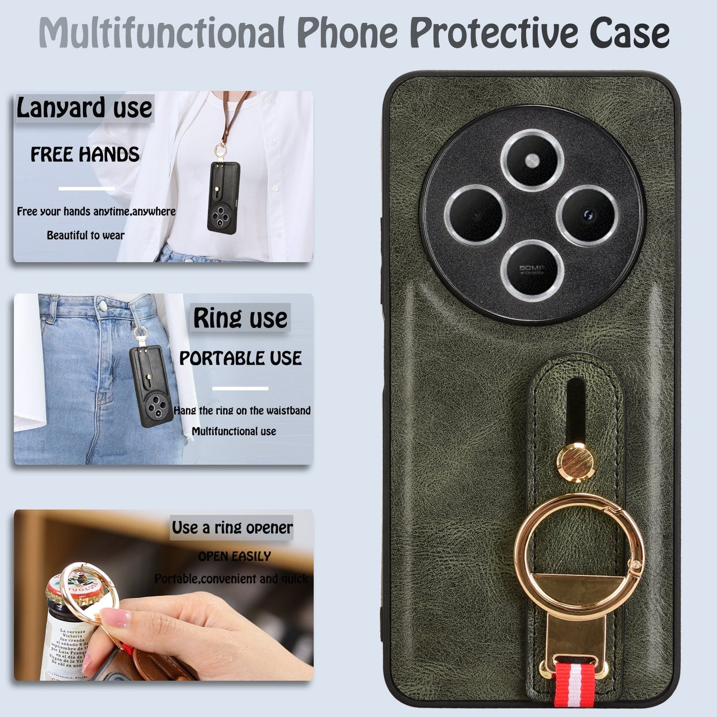 For Redmi 14C 4G Wristband Leather Back Phone Case(Green)