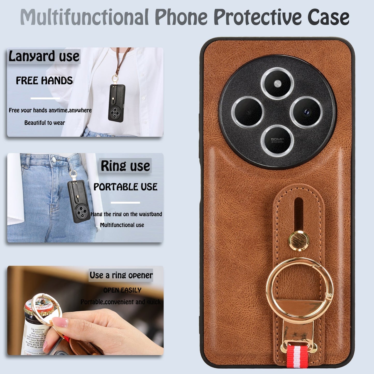 For Redmi 14C 4G Wristband Leather Back Phone Case(Brown)