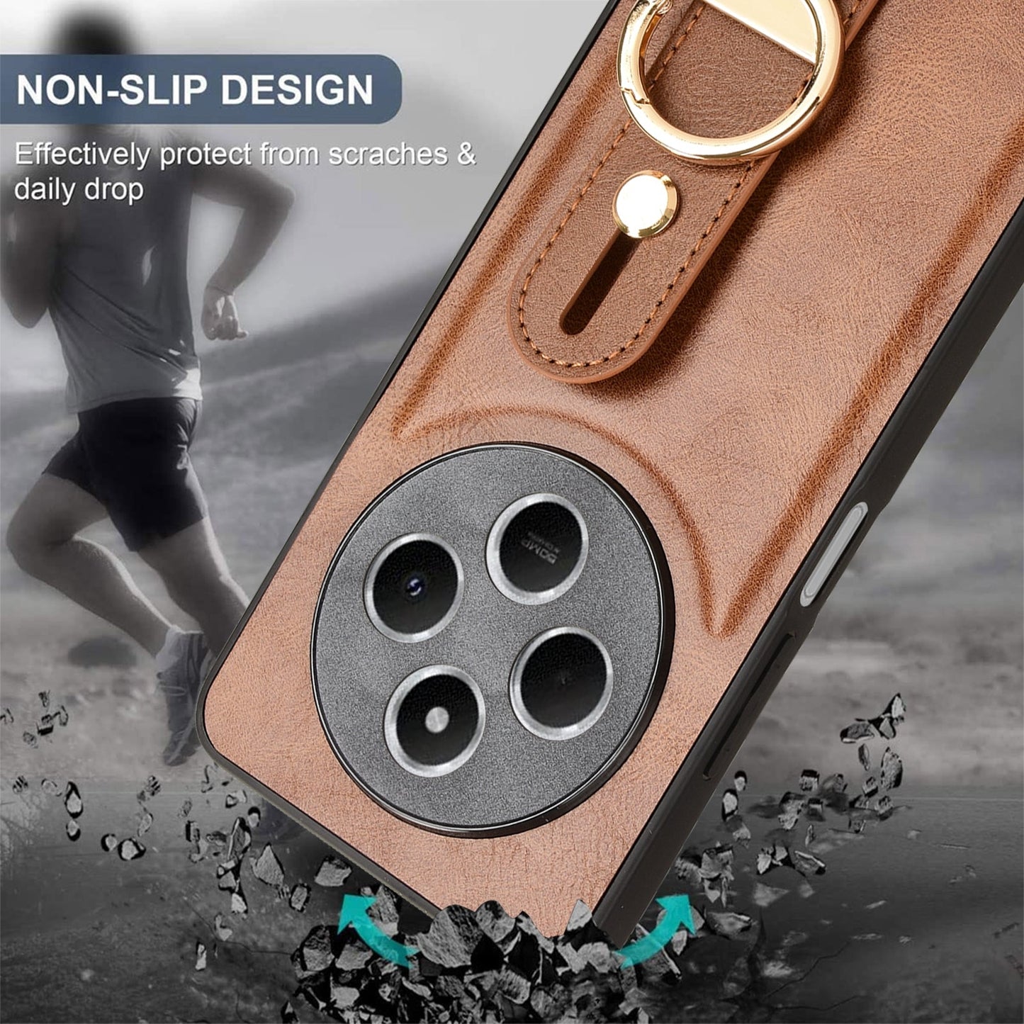 For Redmi 14C 4G Wristband Leather Back Phone Case(Brown)