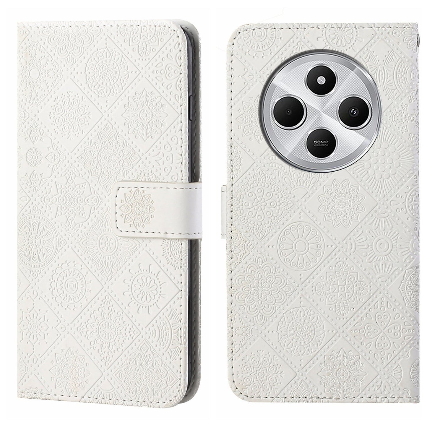 For Redmi 14C 4G Ethnic Style Embossed Pattern Leather Phone Case(White)