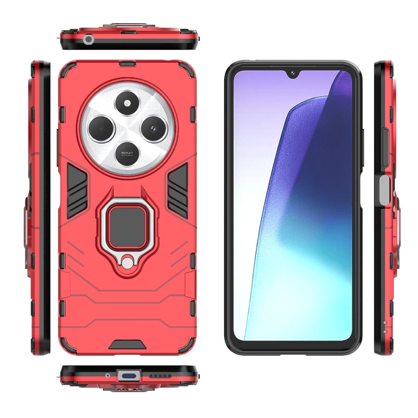 For Redmi 14C 4G Global Shockproof PC + TPU Holder Phone Case(Red)