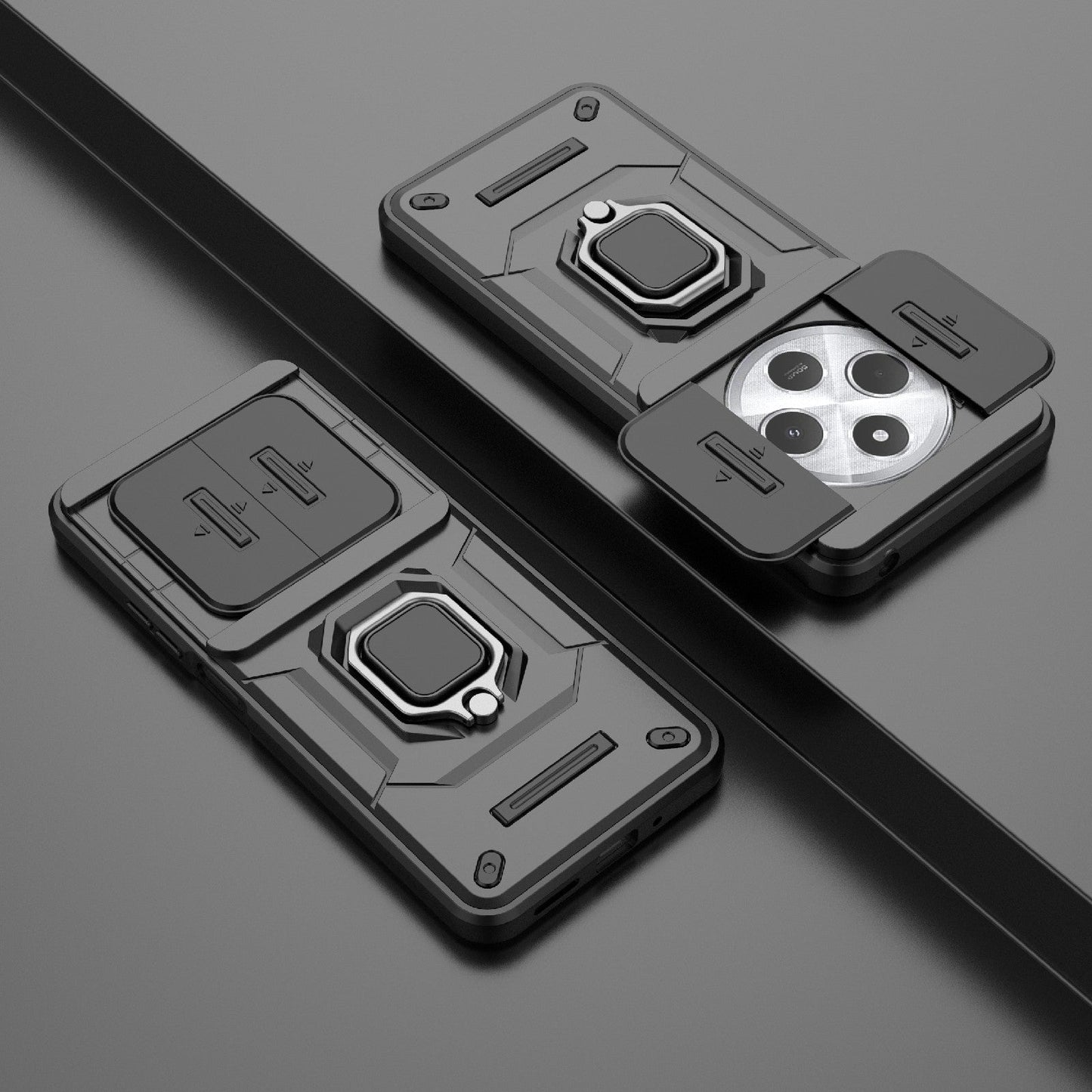 For Redmi 14C 4G Sliding Camshield TPU + PC Shockproof Phone Case with Holder(Black)