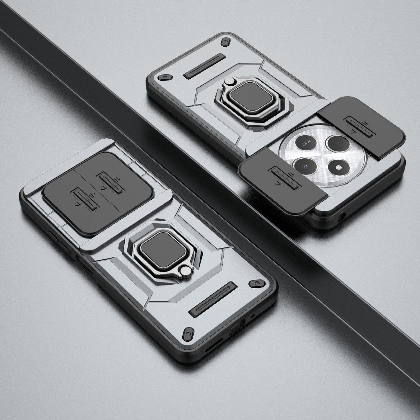 For Redmi 14C 4G Sliding Camshield TPU + PC Shockproof Phone Case with Holder(Grey)