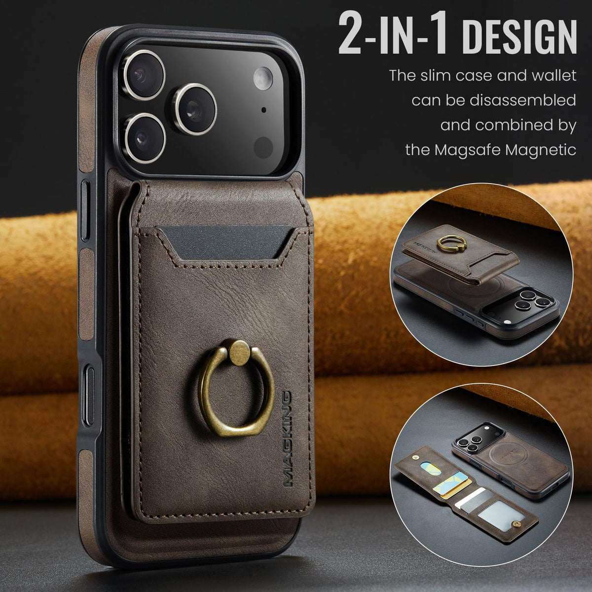 Compatible with iPhone 18 Pro Max & 17 Pro Max MAGKING K1 MagSafe Detachable Wallet RFID Back Cover Phone Case - Coffee